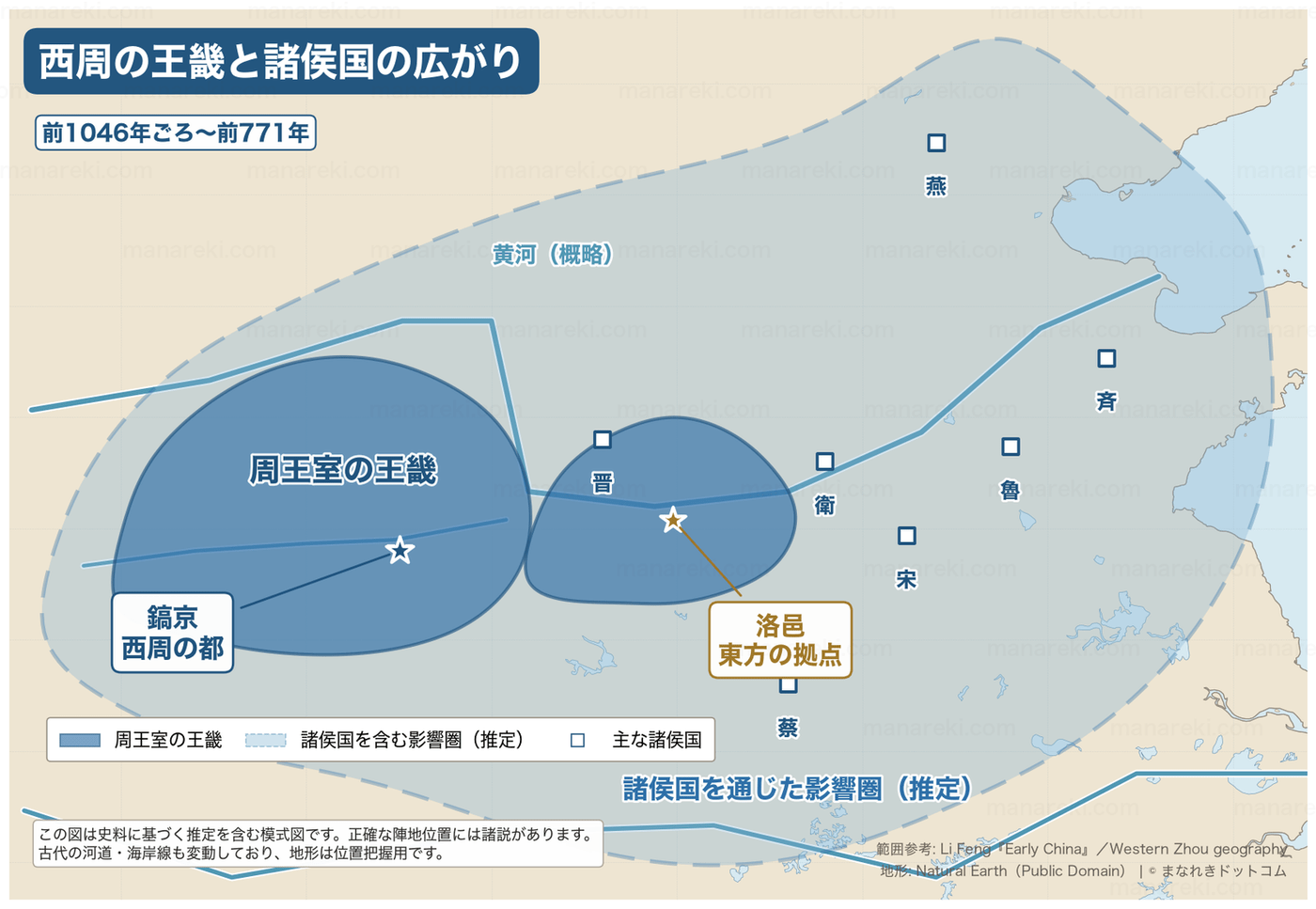 西周王室の王畿と、燕・斉・魯など諸侯国を含む推定影響圏を示した地図