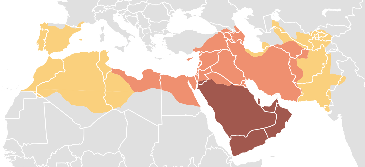 イスラーム勢力の拡大を示す地図。ムハンマド時代・正統カリフ時代・ウマイヤ朝の征服範囲を色分けしている