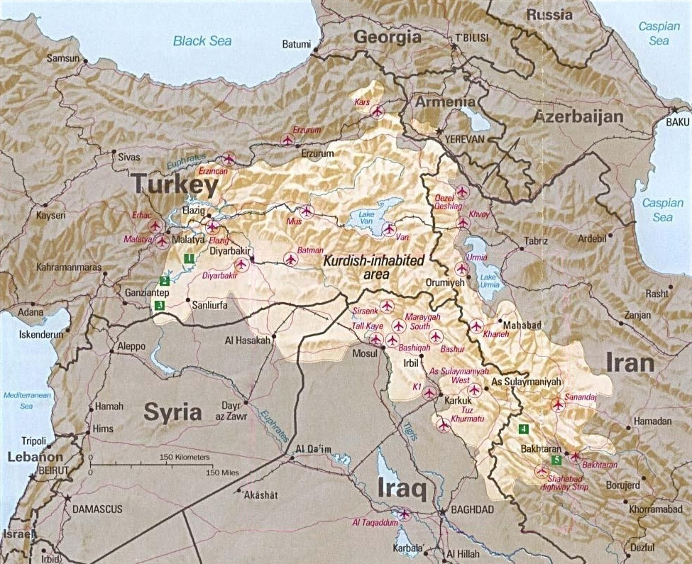 トルコ・イラク・イラン・シリアの国境地帯に広がるクルド人居住地域を示した地図