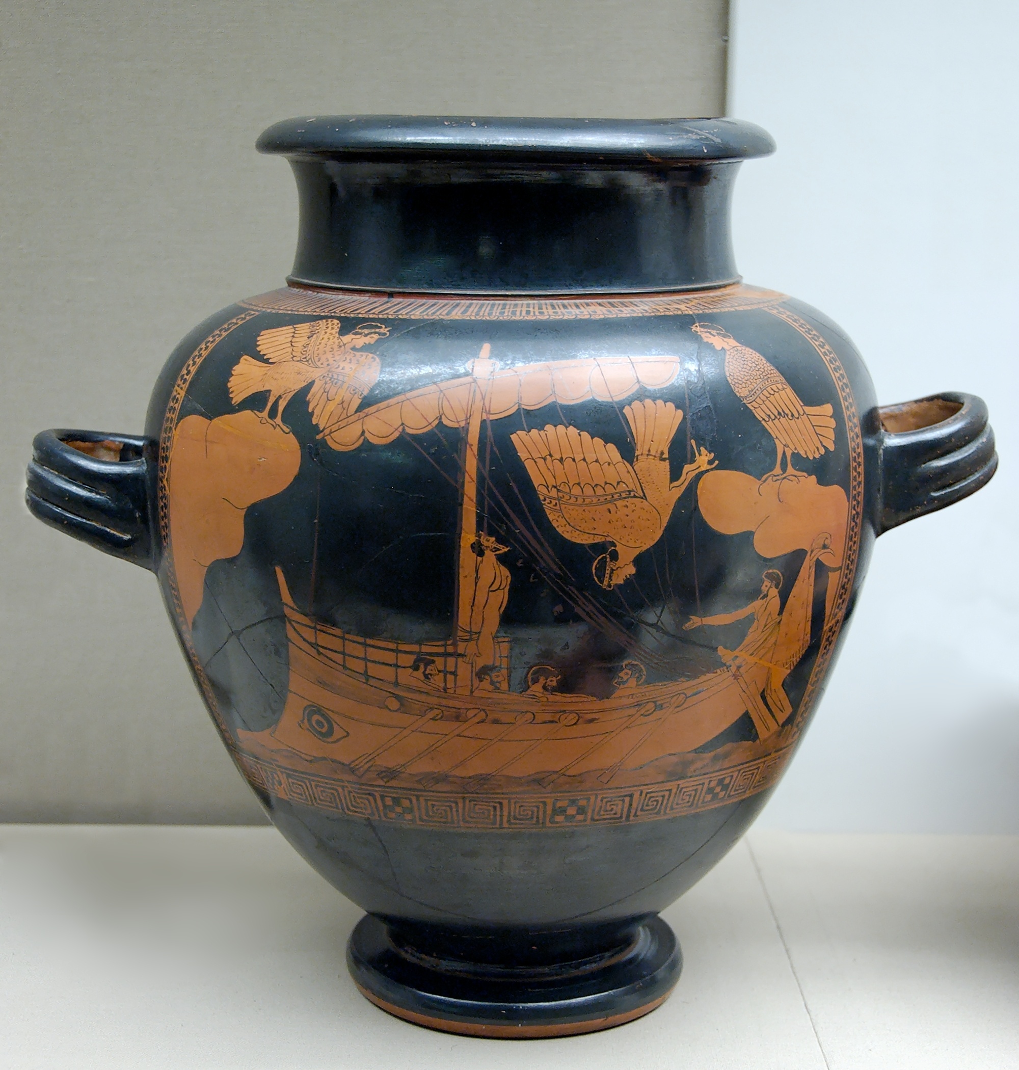 古代ギリシャの赤絵式陶器に描かれたオデュッセウスとセイレーンたちの場面