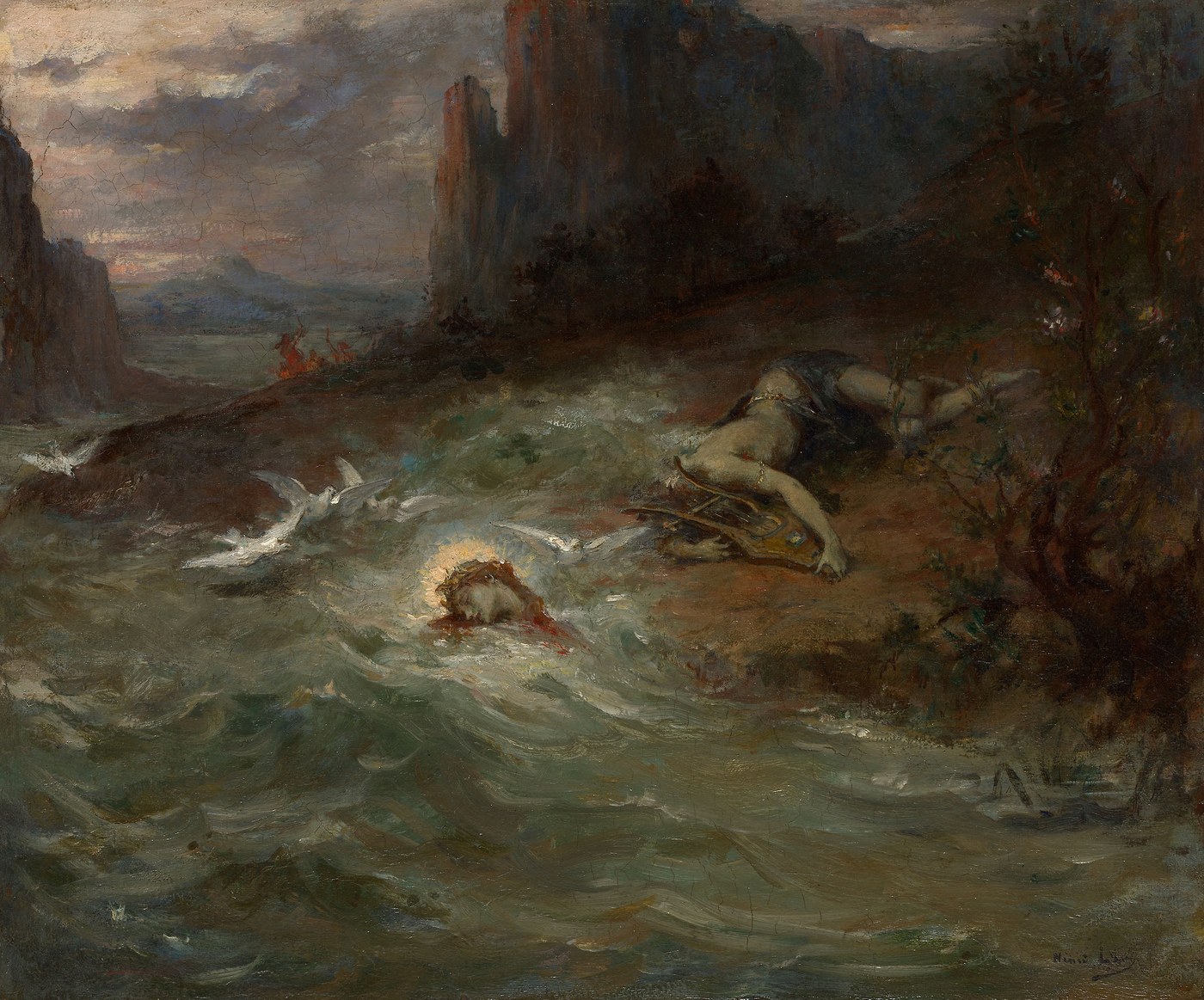 川を流れるオルフェウスの首と、岸辺に横たわる亡骸と竪琴を描いた絵画
