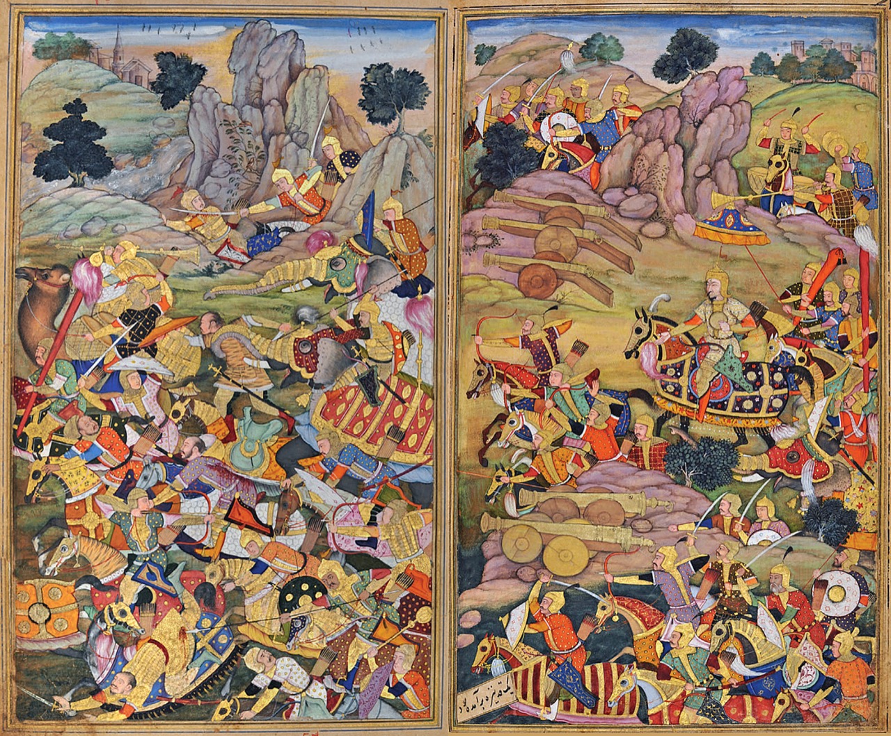 パーニーパットの戦い(1526年)を描いたムガル細密画(『バーブル=ナーマ』写本)