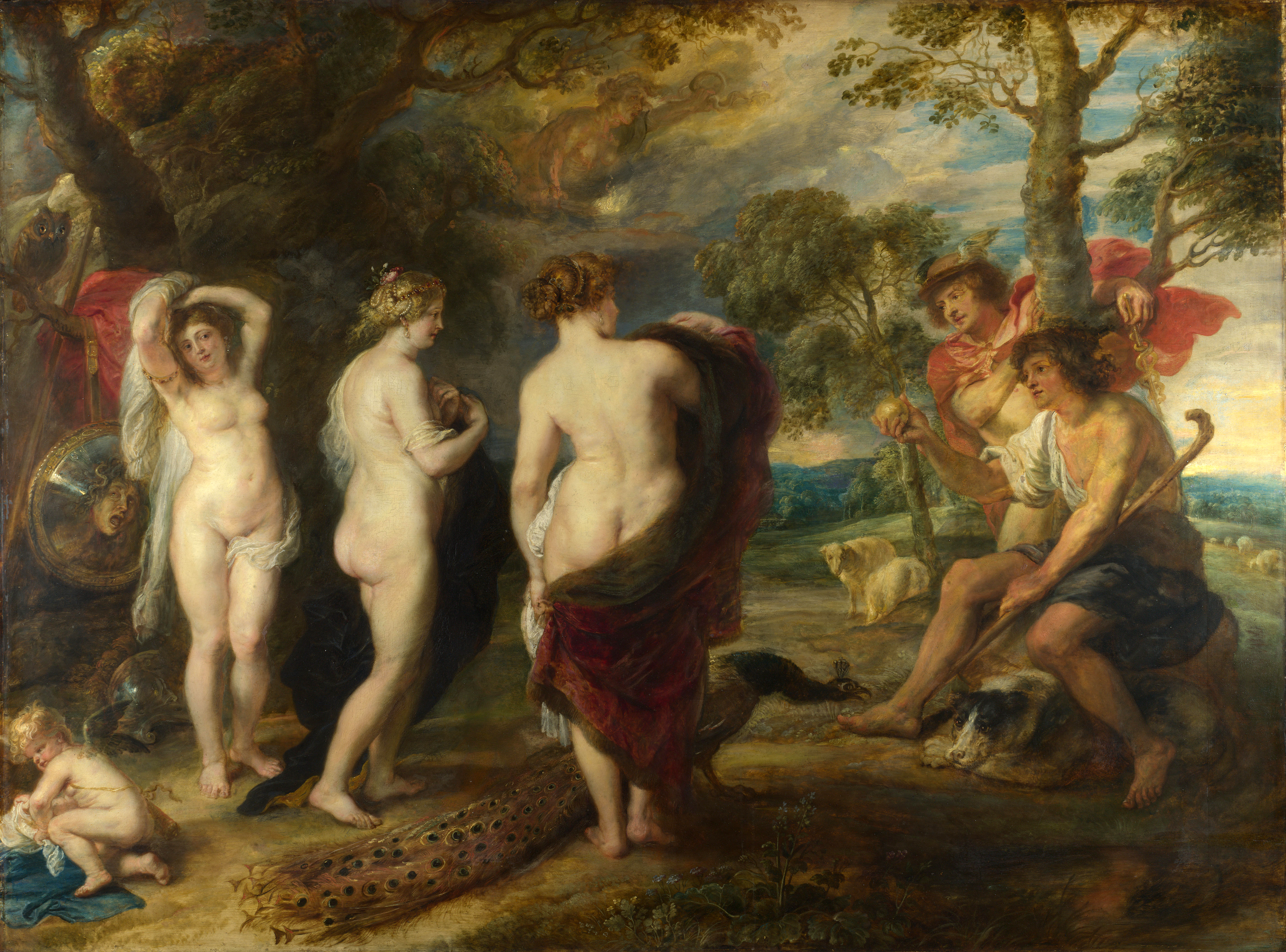 パリスの審判を描いたルーベンスの絵画(1639年ごろ)。三女神の前でパリスが林檎を持つ場面