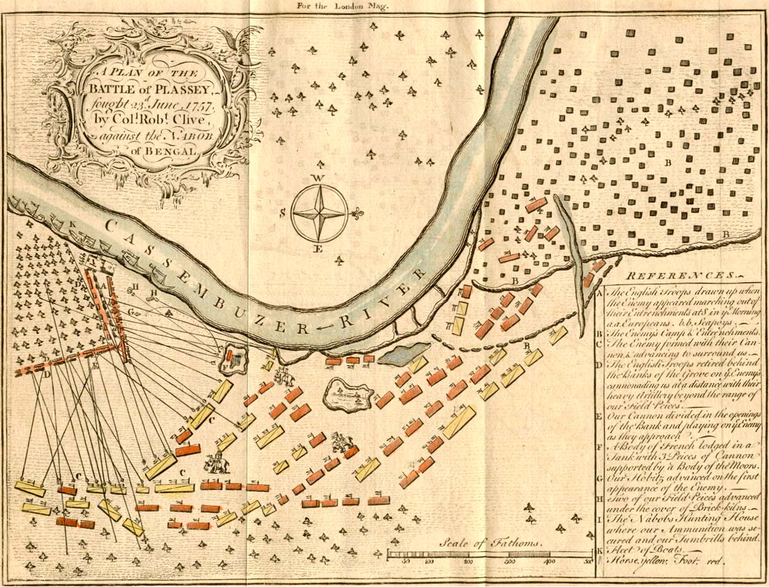 1757年プラッシーの戦い布陣図（ロバート・クライヴvsシラージュ＝ウッダウラ）