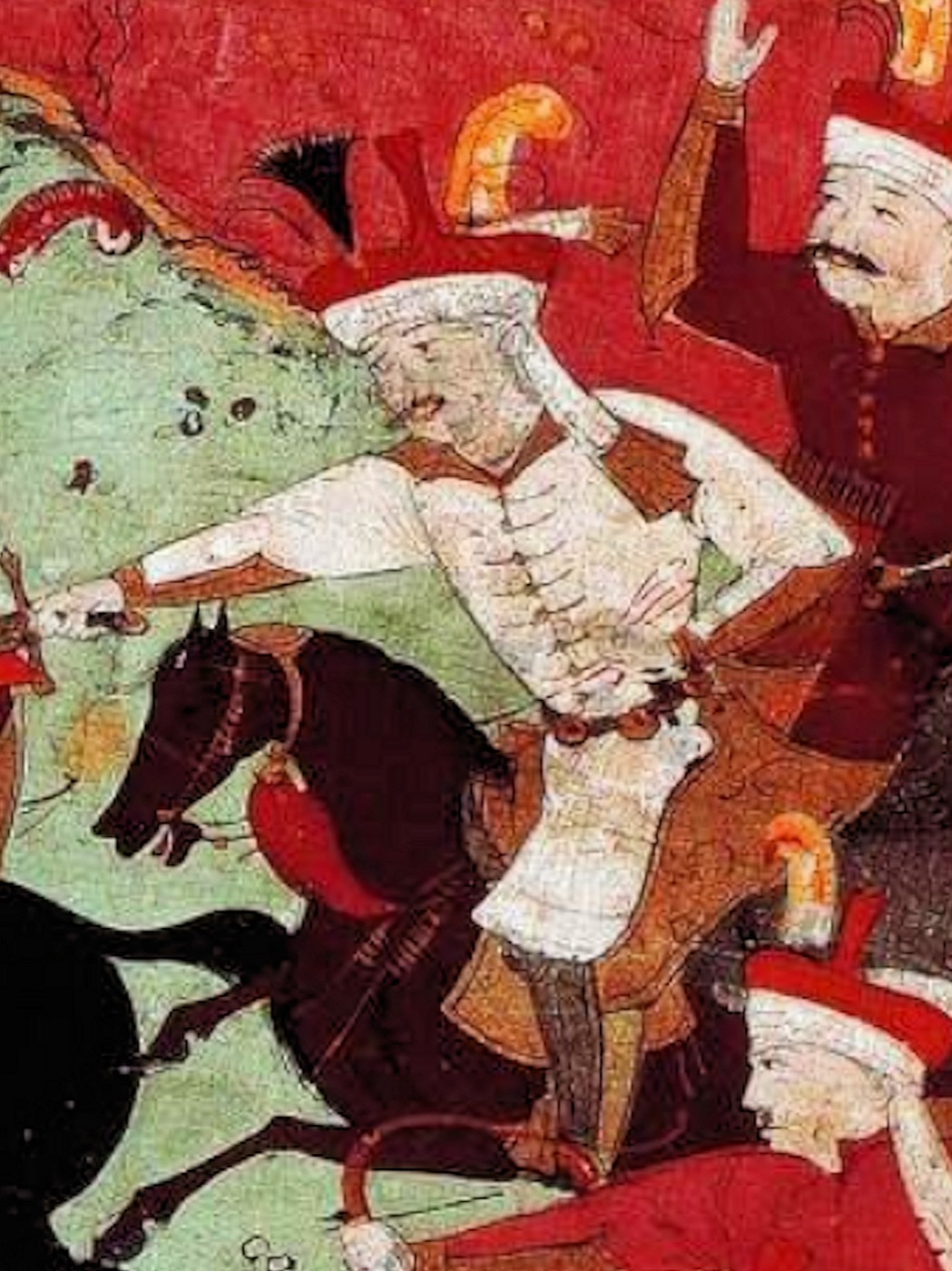1514年のチャルディランの戦いで、騎馬の兵士たちが刀を交える場面を描いたペルシア細密画