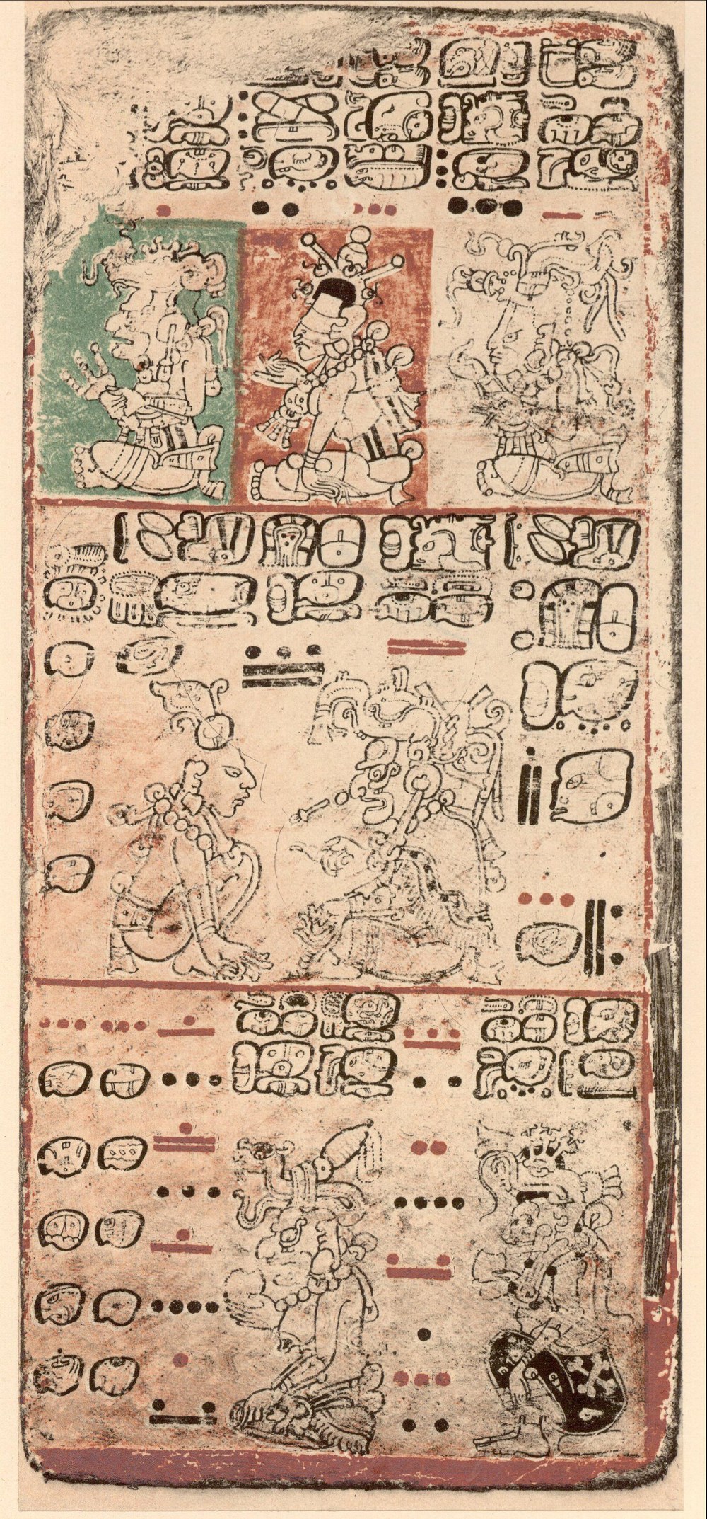 マヤの絵文書ドレスデン・コデックスの1ページ。金星の運行を記録した数表と神々の絵が描かれている。