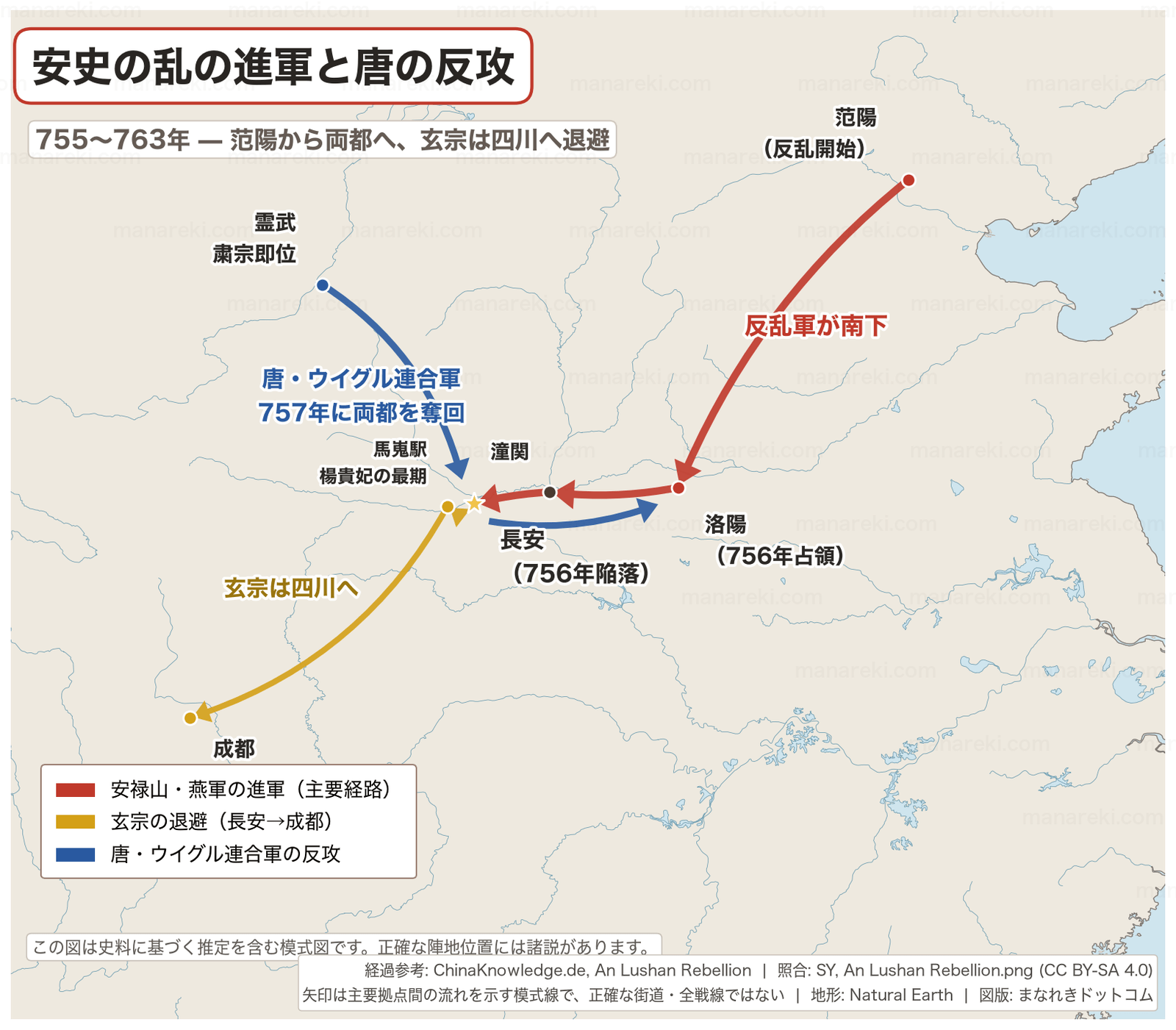 安史の乱（755〜763年）の進軍・玄宗の退避・唐軍の反攻