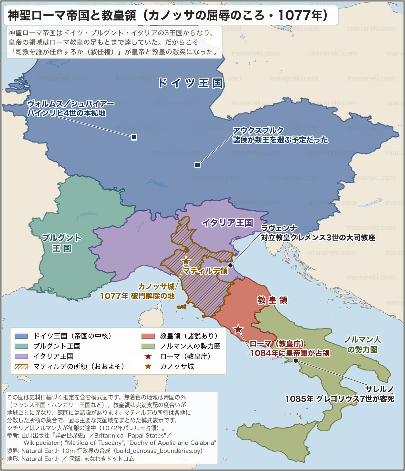 1077年ごろの神聖ローマ帝国（ドイツ王国・ブルグント王国・イタリア王国）と教皇領・マティルデ領・ノルマン人勢力圏を色分けした地図