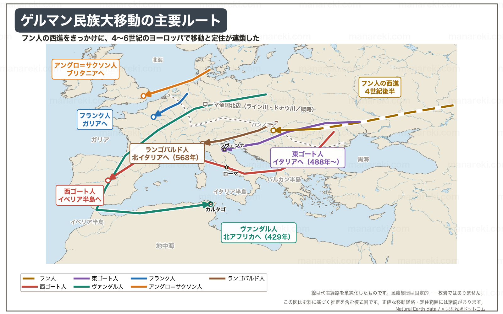 フン人とゲルマン諸民族の移動ルートを示したヨーロッパ地図。西ゴート族がイベリア半島へ移動した経路もわかる