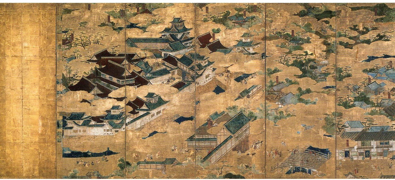 豊臣秀吉が京都に築いた聚楽第と、その周囲に集まる人々を描いた屏風絵