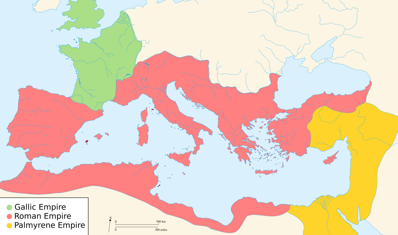 271年のローマ帝国とガリア帝国・パルミラ帝国の勢力範囲を色分けした地図