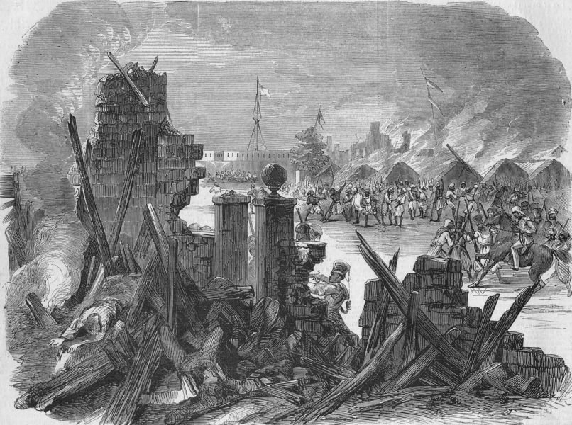 1857年5月のメーラトにおけるシパーヒーの蜂起を描いた版画。破壊された建物が燃え、兵士たちが集まっている