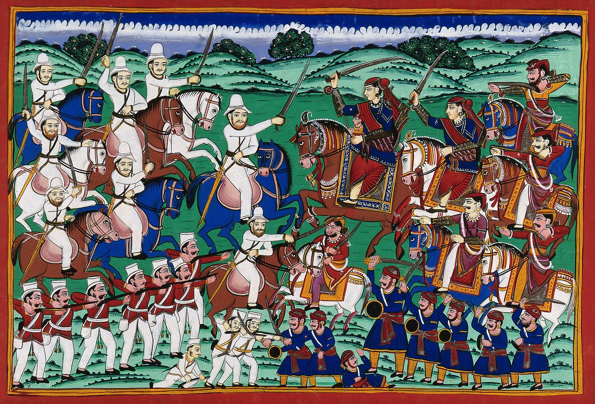 ジャーンシーの戦いで馬に乗り軍を率いるラクシュミー・バーイーを描いたインドの細密画。左に白い軍服のイギリス軍、右に彼女の軍勢が向かい合っている