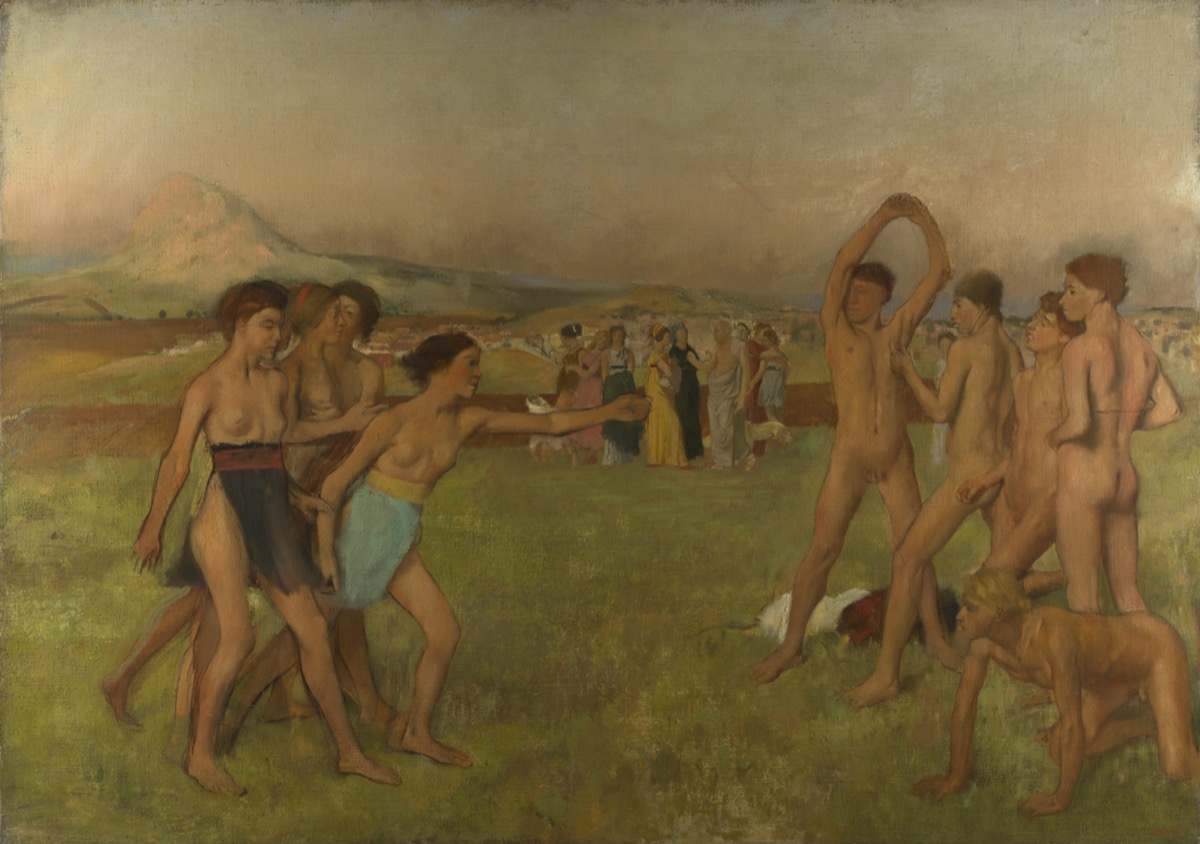 スパルタの若者たちが男女に分かれて競い合う場面を描いた19世紀の絵画