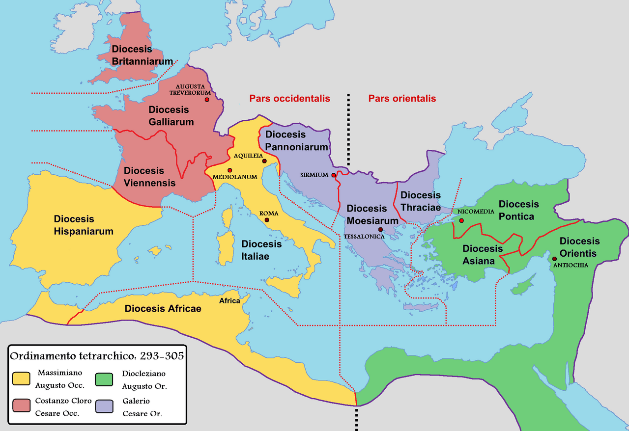 293年から305年の四分統治におけるローマ帝国の分担地域を4色で示した地図