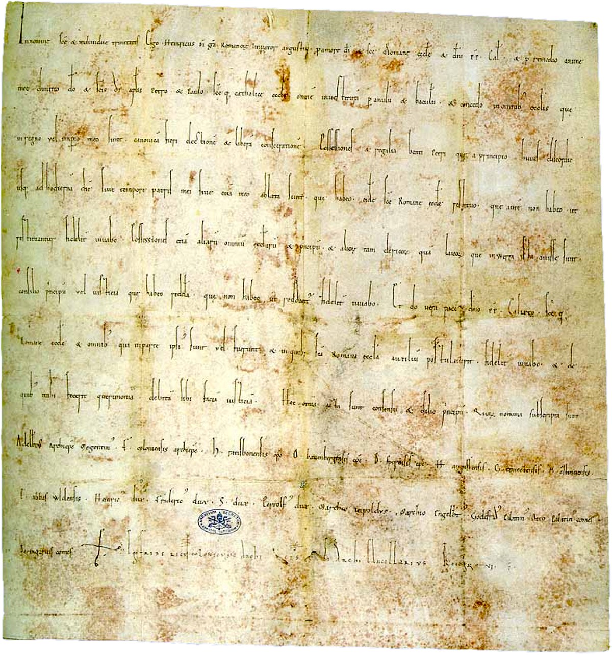 1122年のヴォルムス協約で皇帝ハインリヒ5世が発給した特許状の羊皮紙。ラテン語の手書き文字が並ぶ