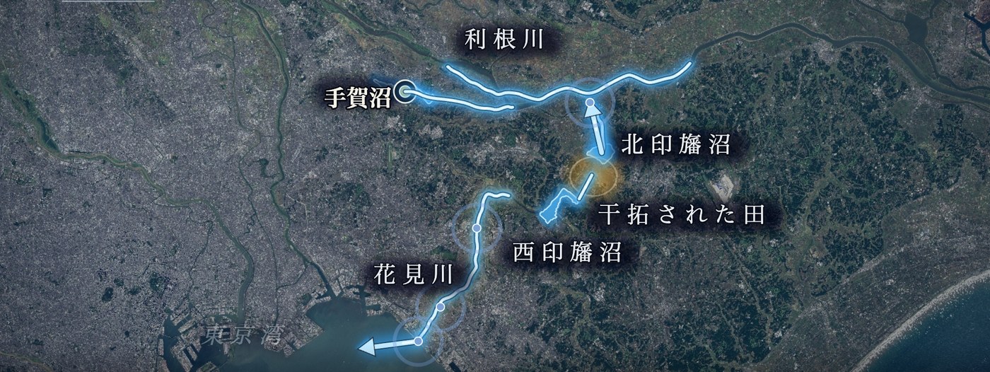 北印旛沼と西印旛沼、干拓された田、利根川と花見川へ水を出す向きを示したいまの地図