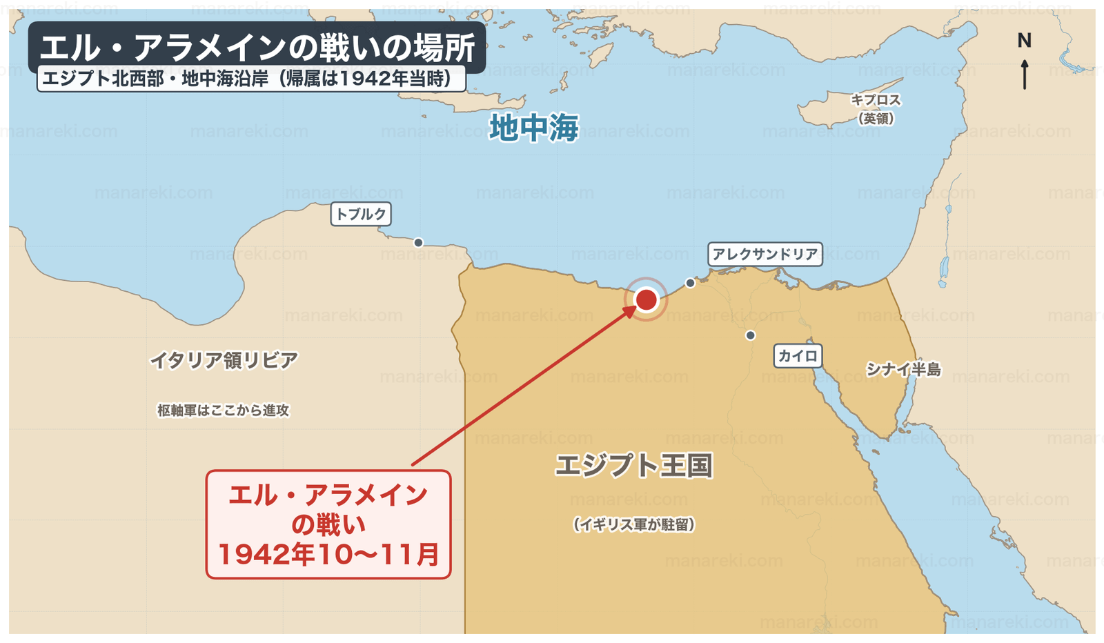エル・アラメインの戦いの位置を示す地図。1942年当時のイタリア領リビアとエジプト王国の間、地中海沿岸に位置する