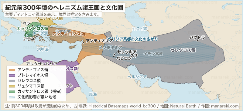 前300年頃のヘレニズム諸王国を示す地図。アンティゴノス領・プトレマイオス領・セレウコス領を色分けしている
