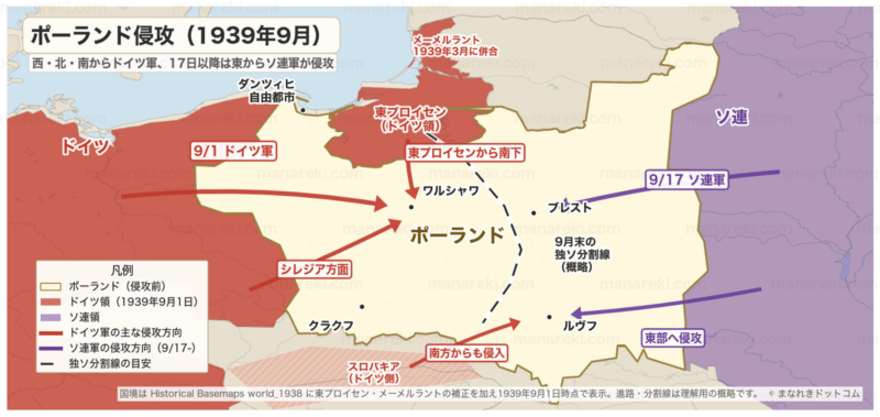 ポーランド侵攻（1939年9月）の地図。9月1日にドイツ軍が西・北・南から侵攻し、17日以降はソ連軍が東から侵攻。東プロイセンとメーメルラントはドイツ領