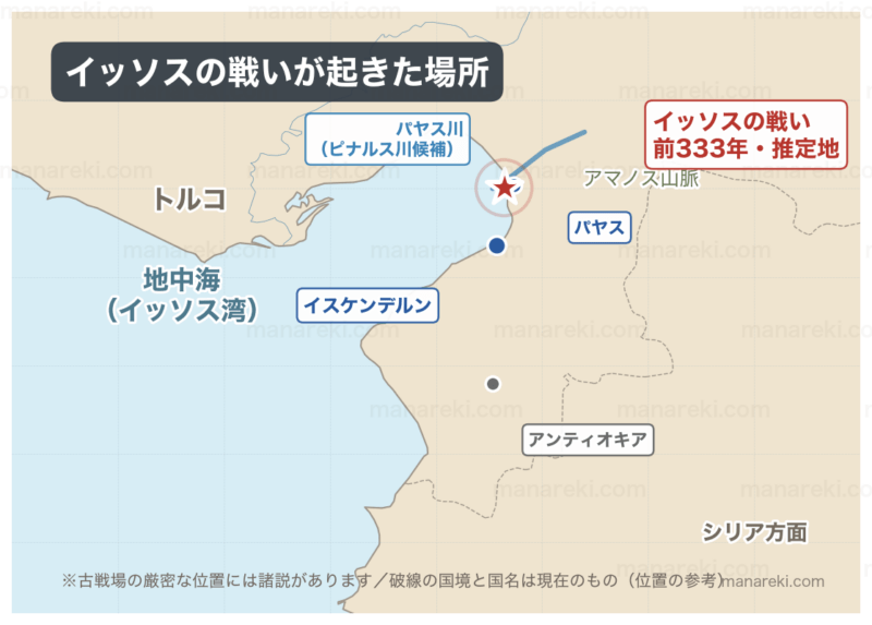 前333年のイッソスの戦いの推定地を示す地図。現在のトルコ南部イスケンデルン近くのイッソス湾沿岸にあたる