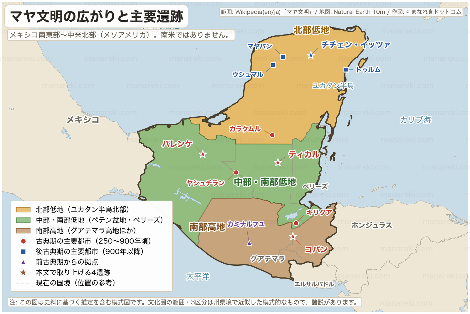 マヤ文明の広がりと主要遺跡を示した地図。ユカタン半島の北部低地、ペテン盆地の中部・南部低地、グアテマラ高地の南部高地の3区分と、チチェン・イッツァ・ティカル・パレンケ・コパンの位置を色分けで示す。