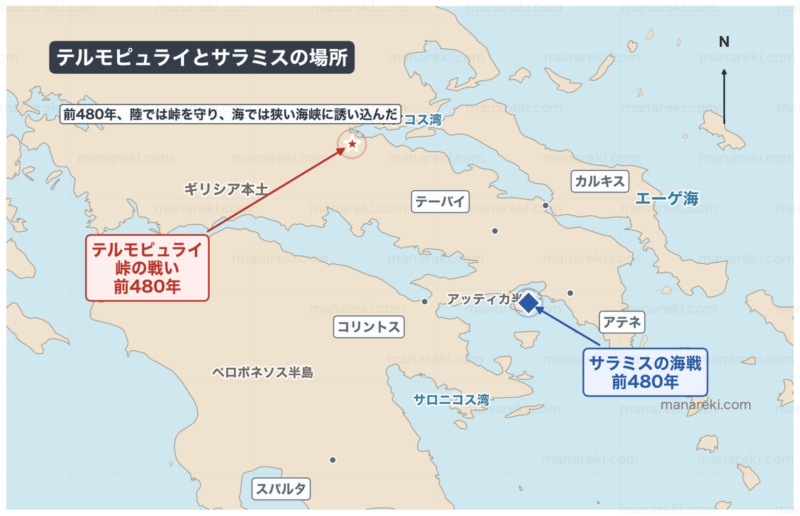 テルモピュライとサラミスの場所を示すシンプルな位置図
