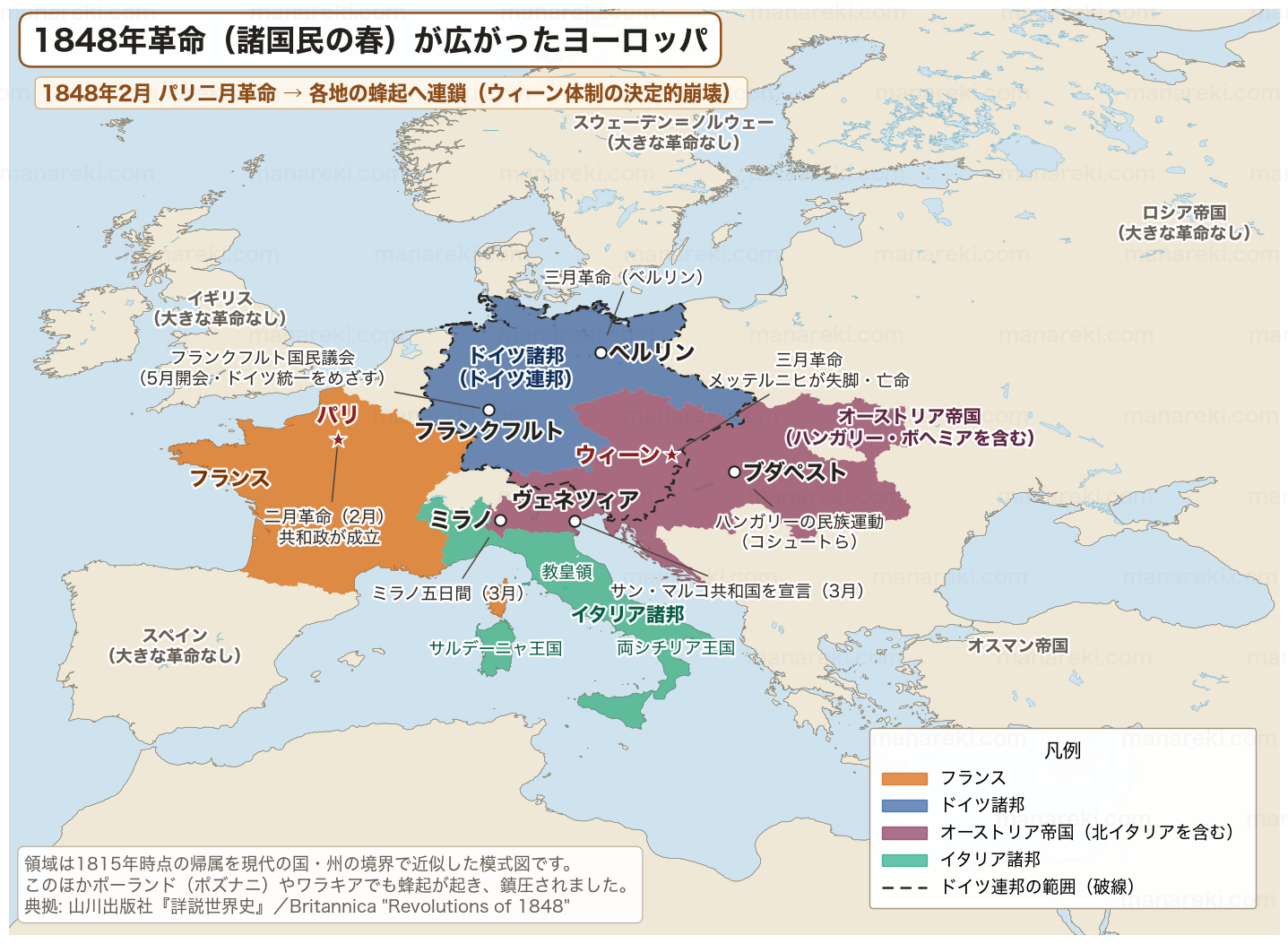1848年革命(諸国民の春)が広がったヨーロッパを示した地図。フランス・ドイツ諸邦・オーストリア帝国・イタリア諸邦の4地域を色分けし、パリ・ベルリン・フランクフルト・ウィーン・ブダペスト・ミラノ・ヴェネツィアでの蜂起地点を示す