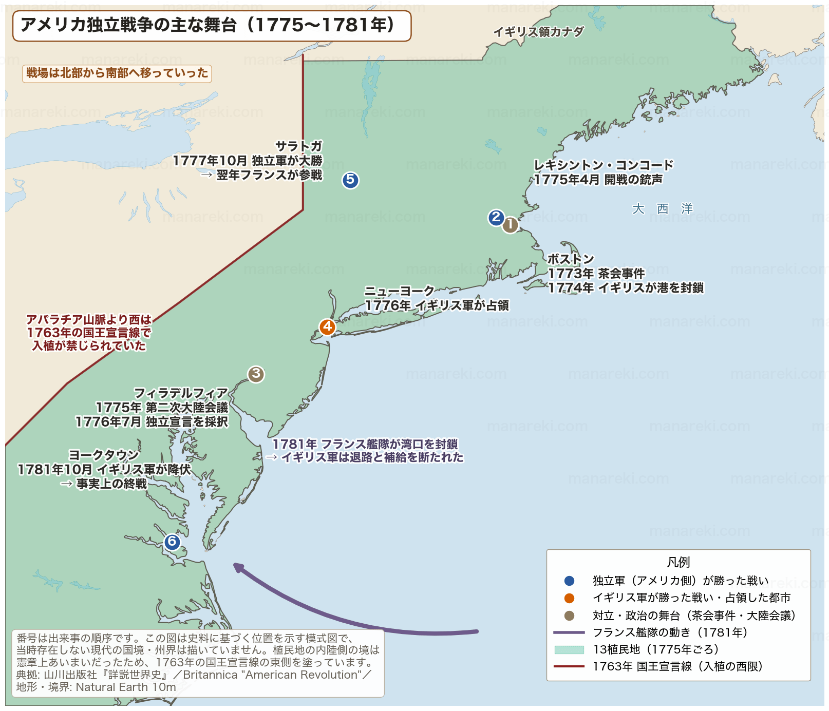 独立戦争の主な舞台を示した地図。ボストン・レキシントン・ニューヨーク・フィラデルフィア・サラトガ・ヨークタウンの位置と、1781年にチェサピーク湾を封鎖したフランス艦隊の動きを示す