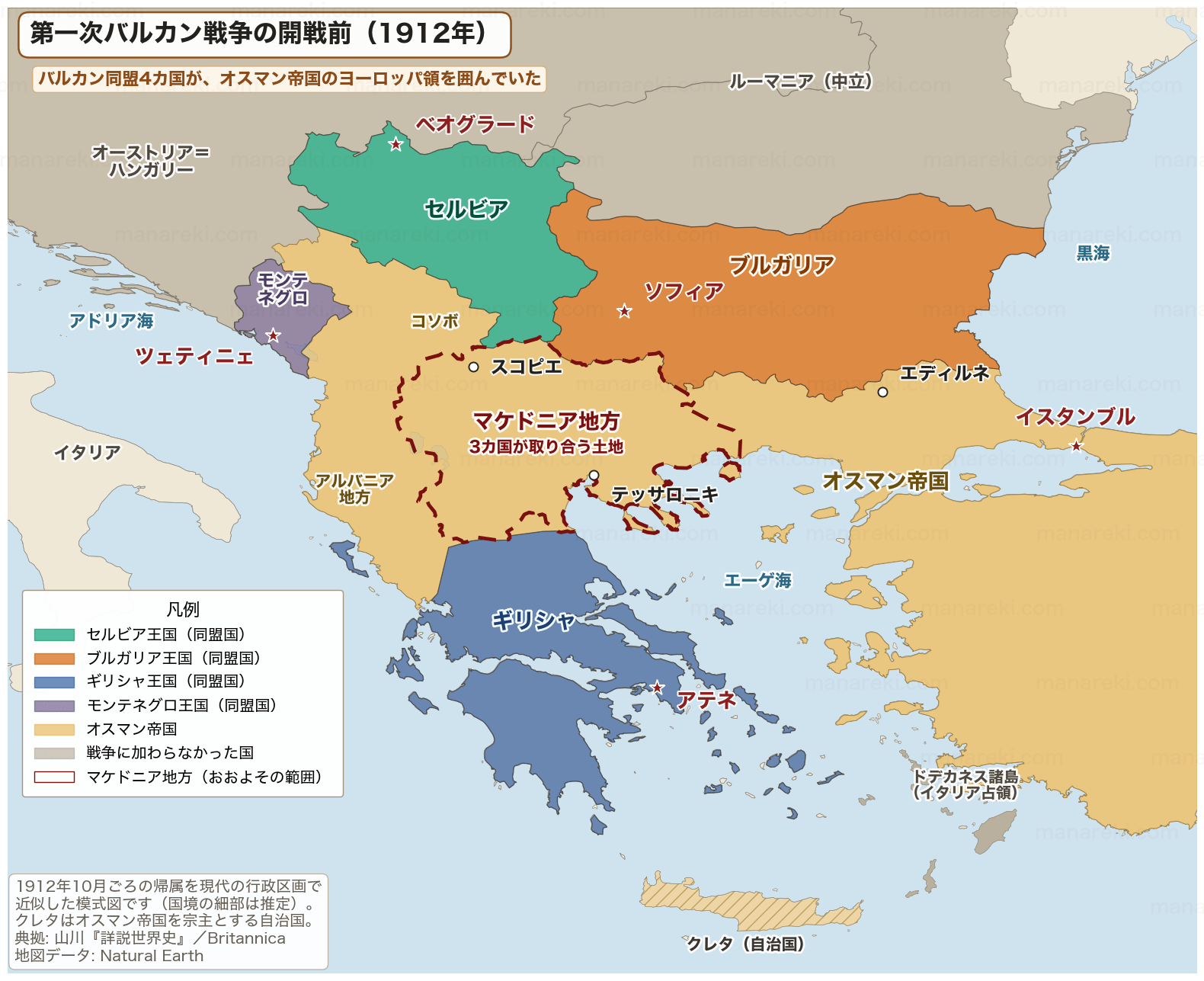 1912年、第一次バルカン戦争が始まる前のバルカン半島の地図。セルビア・ブルガリア・ギリシャ・モンテネグロのバルカン同盟4カ国が、アルバニア地方・コソボ・マケドニア地方などオスマン帝国のヨーロッパ領を囲んでいる。マケドニア地方を点線で示す