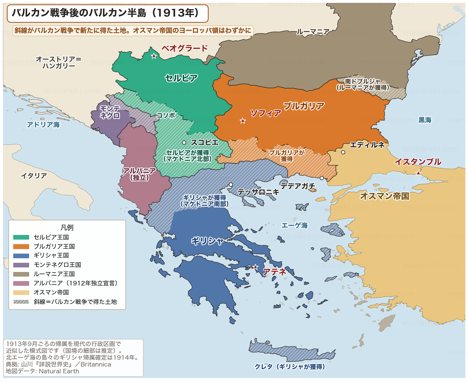 2度のバルカン戦争が終わった1913年のバルカン半島の地図。セルビアがマケドニア北部とコソボ、ギリシャがマケドニア南部とクレタ島、ブルガリアが西トラキア、ルーマニアが南ドブルジャを得て、アルバニアが独立し、オスマン帝国のヨーロッパ領はイスタンブル・エディルネ周辺だけになったことを斜線で示す
