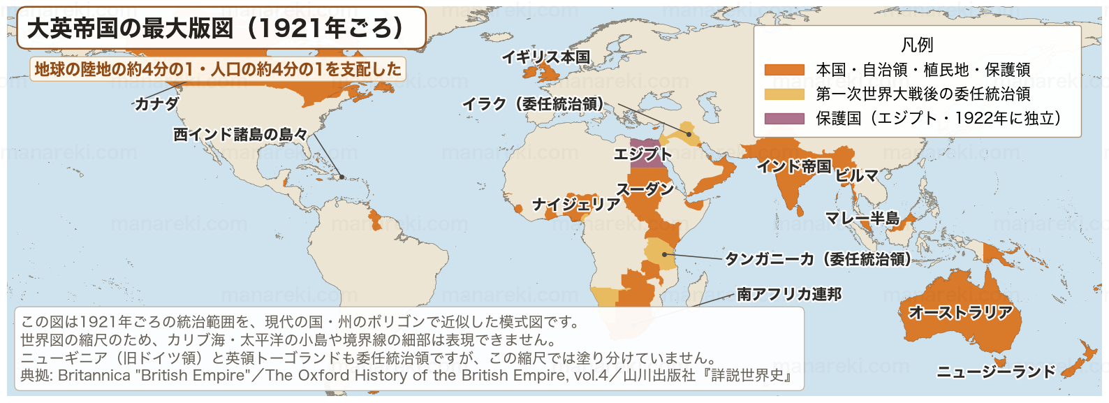 1921年ごろの大英帝国の最大版図を世界地図上に示し、植民地・委任統治領・保護国を色分けした地図