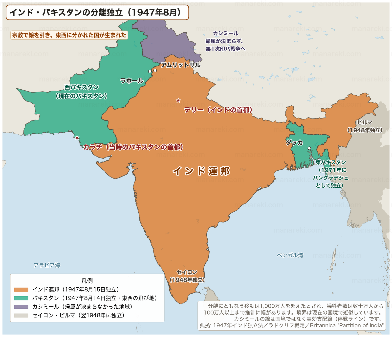 1947年8月のインド・パキスタン分離独立で、インド連邦・東西パキスタン・カシミールを色分けした地図
