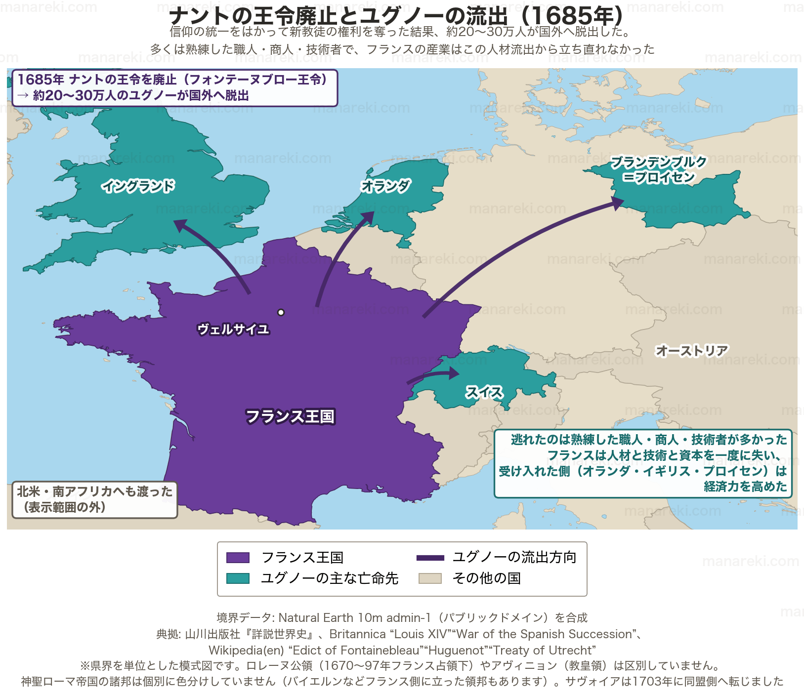 1685年のナントの王令廃止によるユグノーの流出を示す西ヨーロッパの地図。フランスからオランダ・イングランド・ブランデンブルク＝プロイセン・スイスへ向かう亡命の流れを矢印で示す