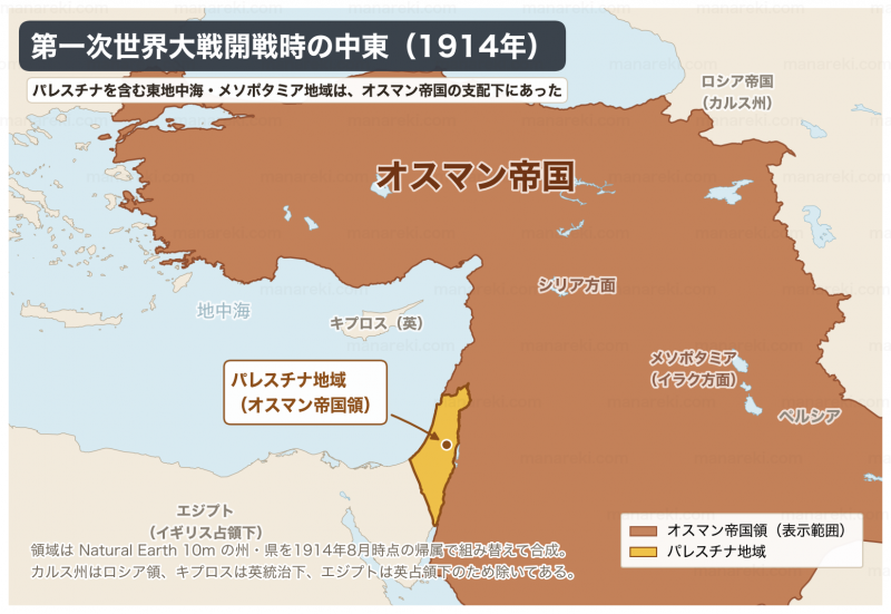 1914年の中東を示す地図。パレスチナを含む東地中海とメソポタミアがオスマン帝国領で、カルス州はロシア領、キプロスはイギリス統治下、エジプトはイギリス占領下として区別されている