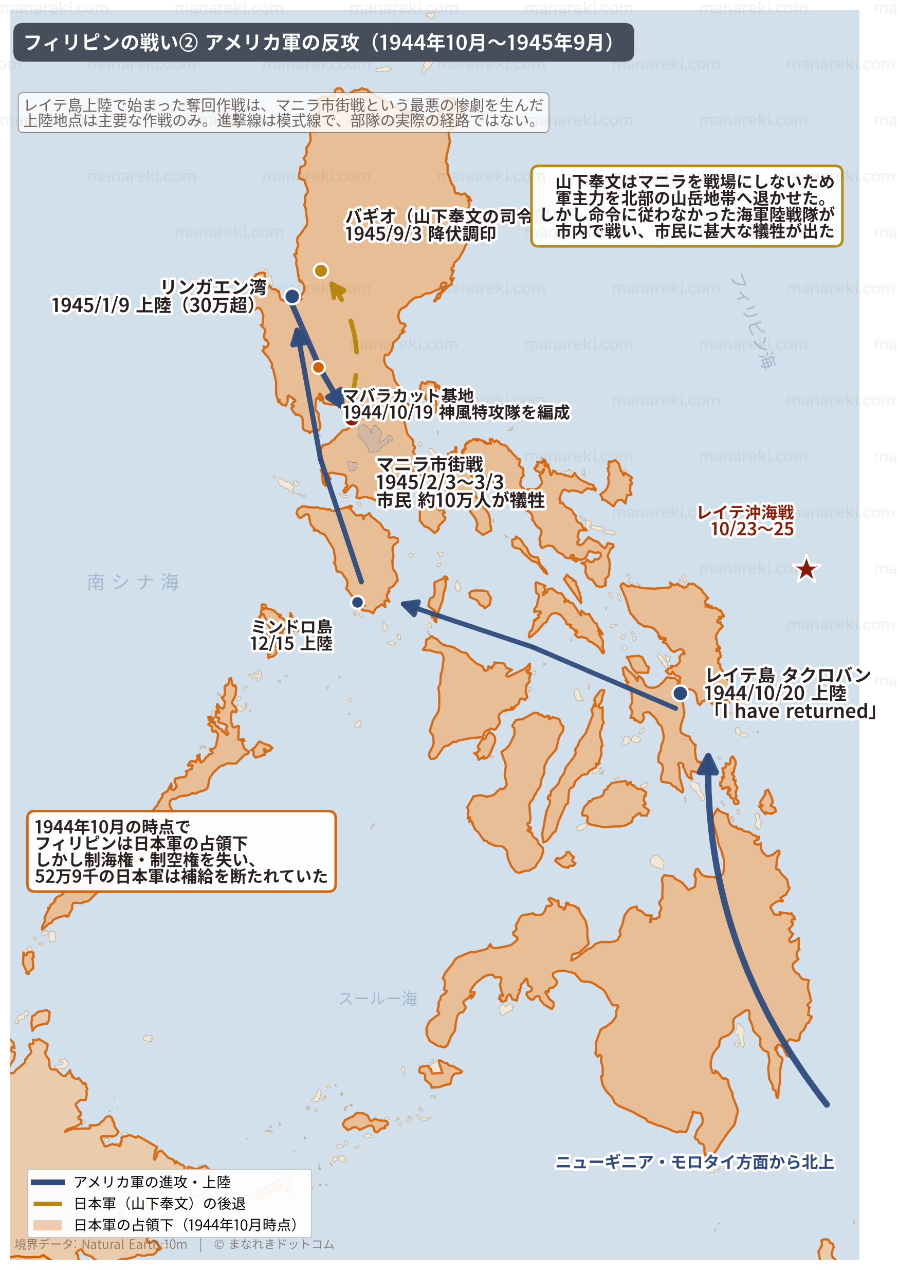 1944年10月20日のレイテ島上陸から、ミンドロ島・リンガエン湾への上陸、マニラ市街戦、バギオでの山下奉文の降伏までを示したフィリピンの地図