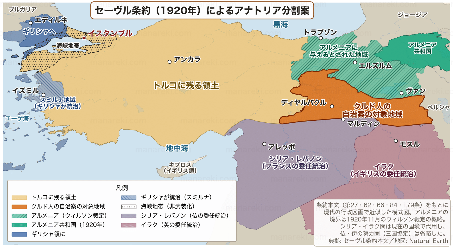セーヴル条約によるアナトリア分割案の地図。トルコに残る領土、クルド人の自治案の対象地域、アルメニア、ギリシャ、海峡地帯、シリア・イラクの委任統治領を色分けしている