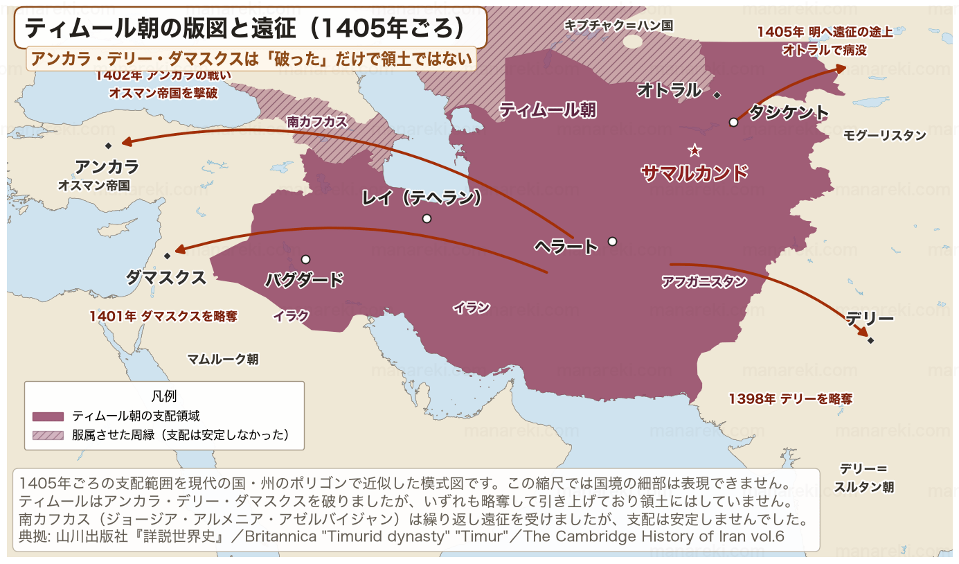 1405年ごろのティムール朝の支配領域と服属させた周縁を色分けし、アンカラ・ダマスクス・デリーへの遠征と、明への遠征途上に病没したオトラルを矢印で示した地図