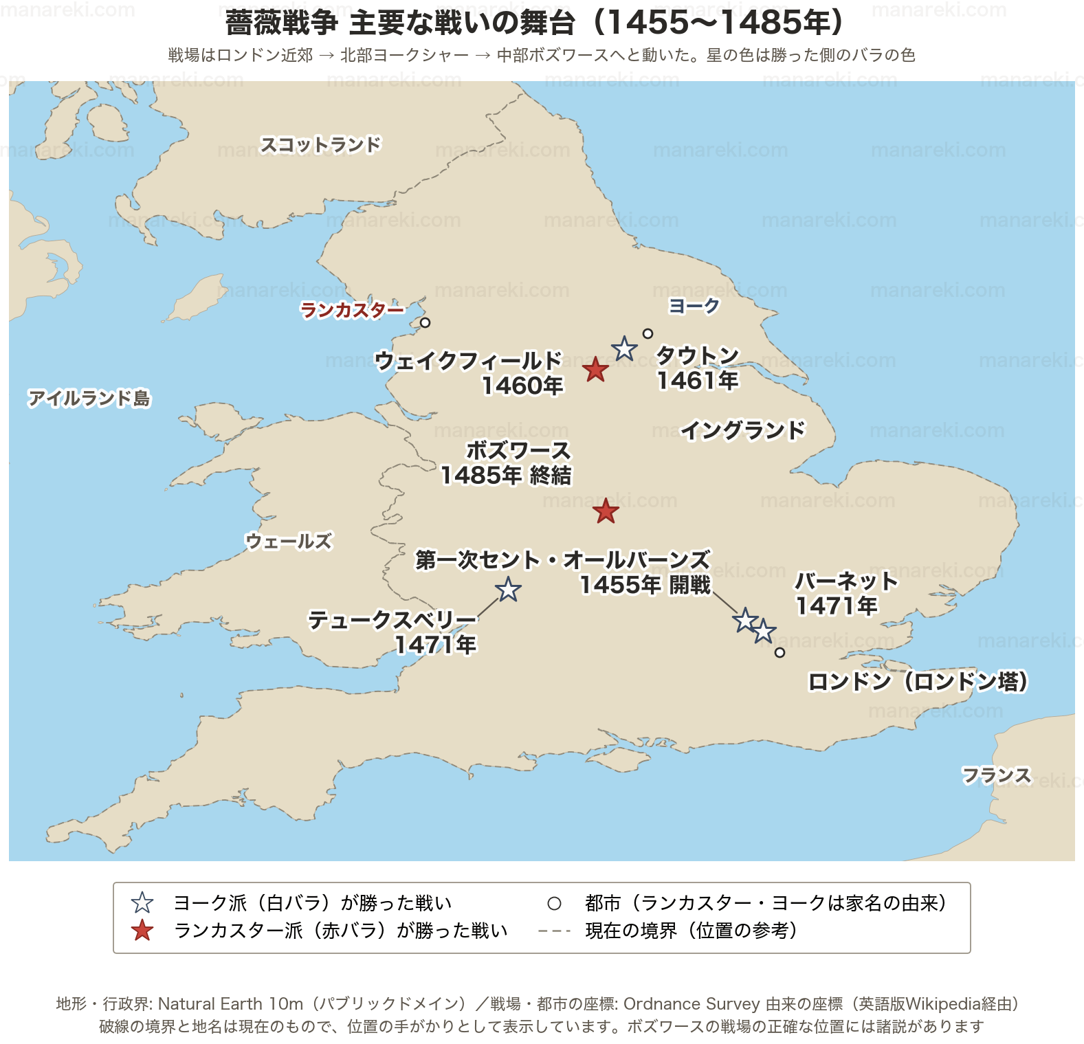 薔薇戦争の主要な戦いの位置を示したイングランドの地図。セント・オールバーンズ・ウェイクフィールド・タウトン・バーネット・テュークスベリー・ボズワースの6戦場と、家名の由来になったランカスター・ヨークの町、ロンドンを示す