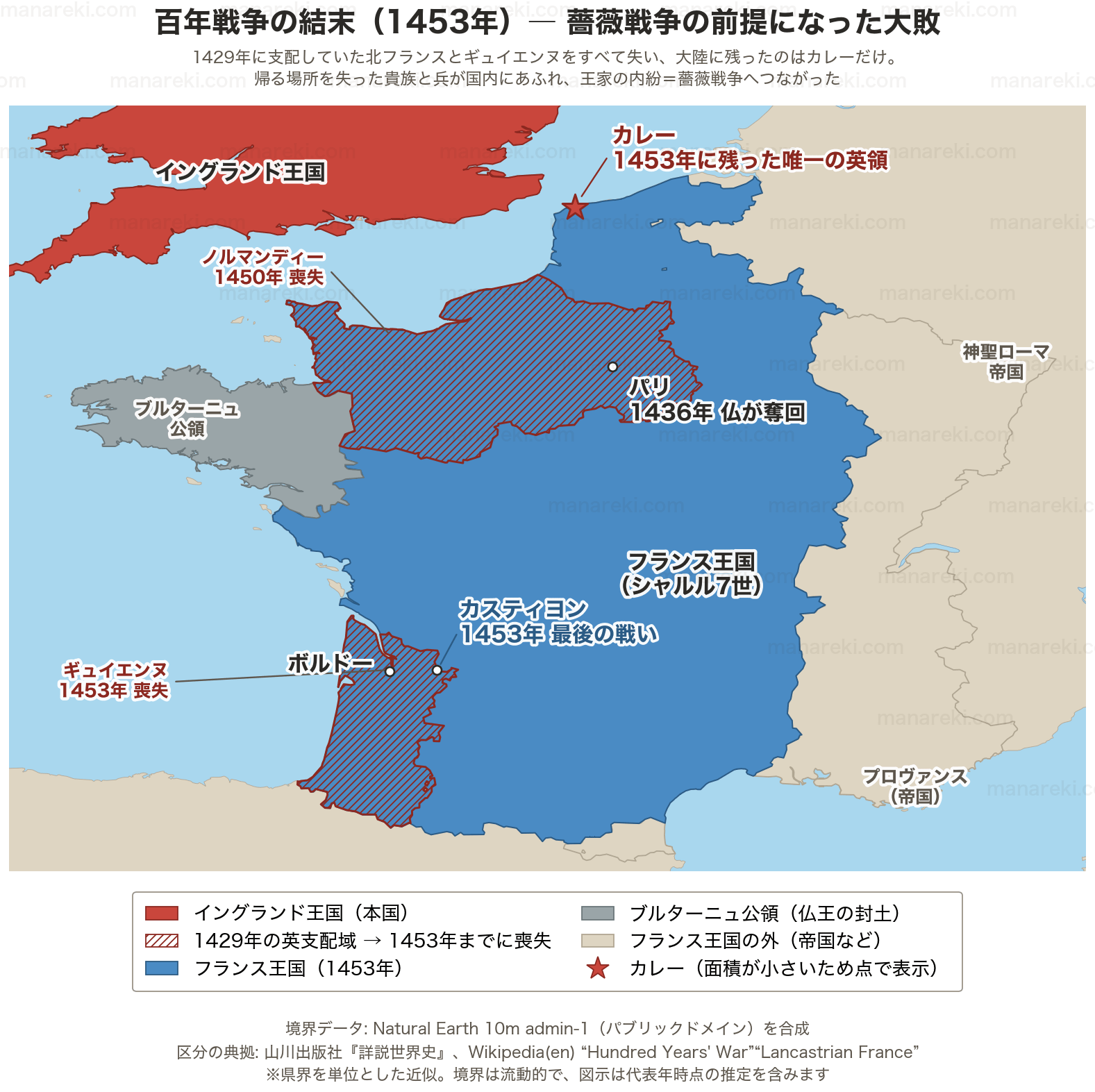 百年戦争が終わった1453年のフランスの地図。1429年にイングランドが支配していた北フランスとギュイエンヌをハッチで示し、大陸に残った唯一の英領がカレーだけになったことを示す