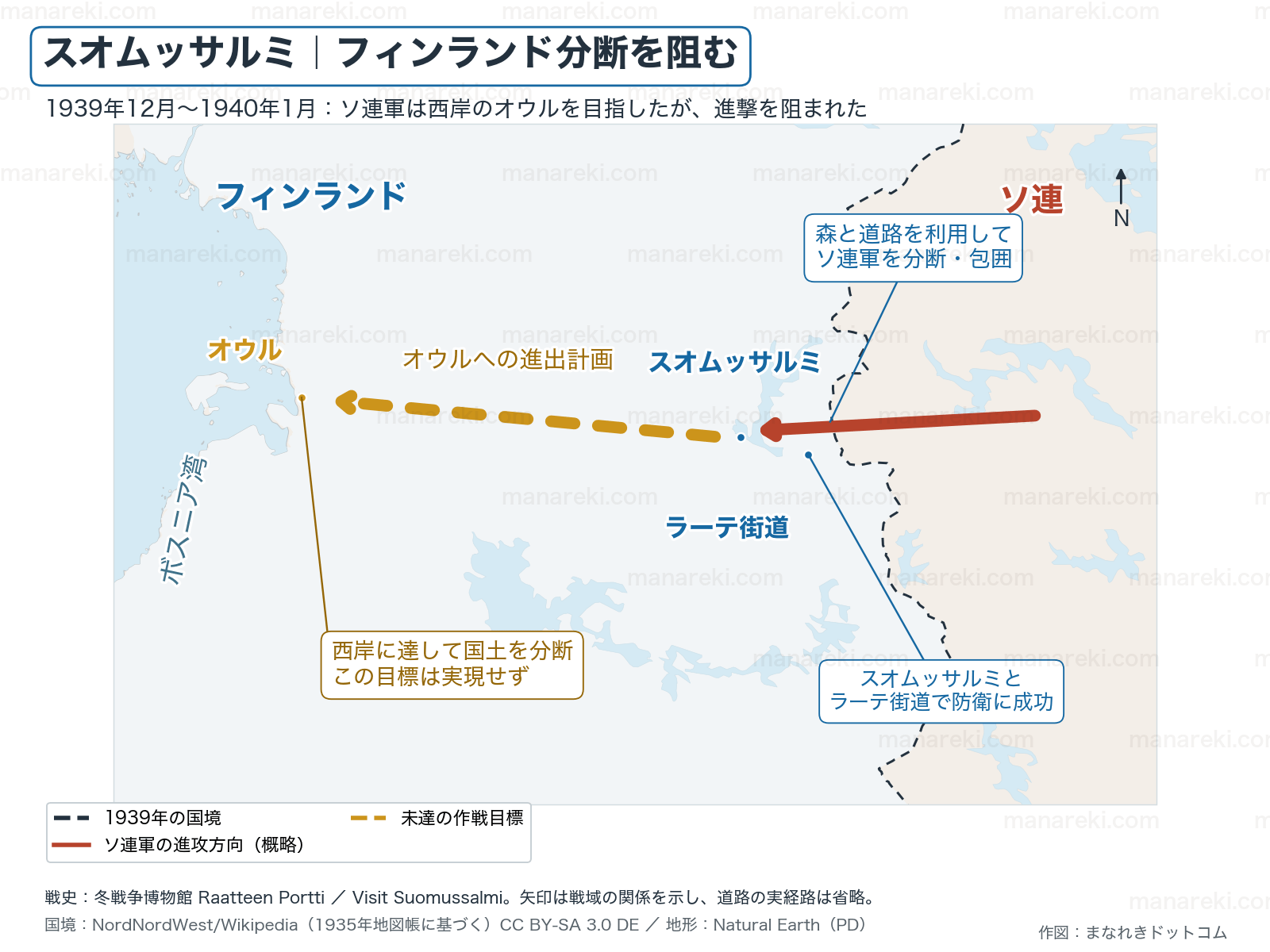 スオムッサルミとラーテ街道で阻止されたソ連軍の進攻方向と、オウルへ達してフィンランドを分断する未達の作戦目標を色と線種で区別した地図