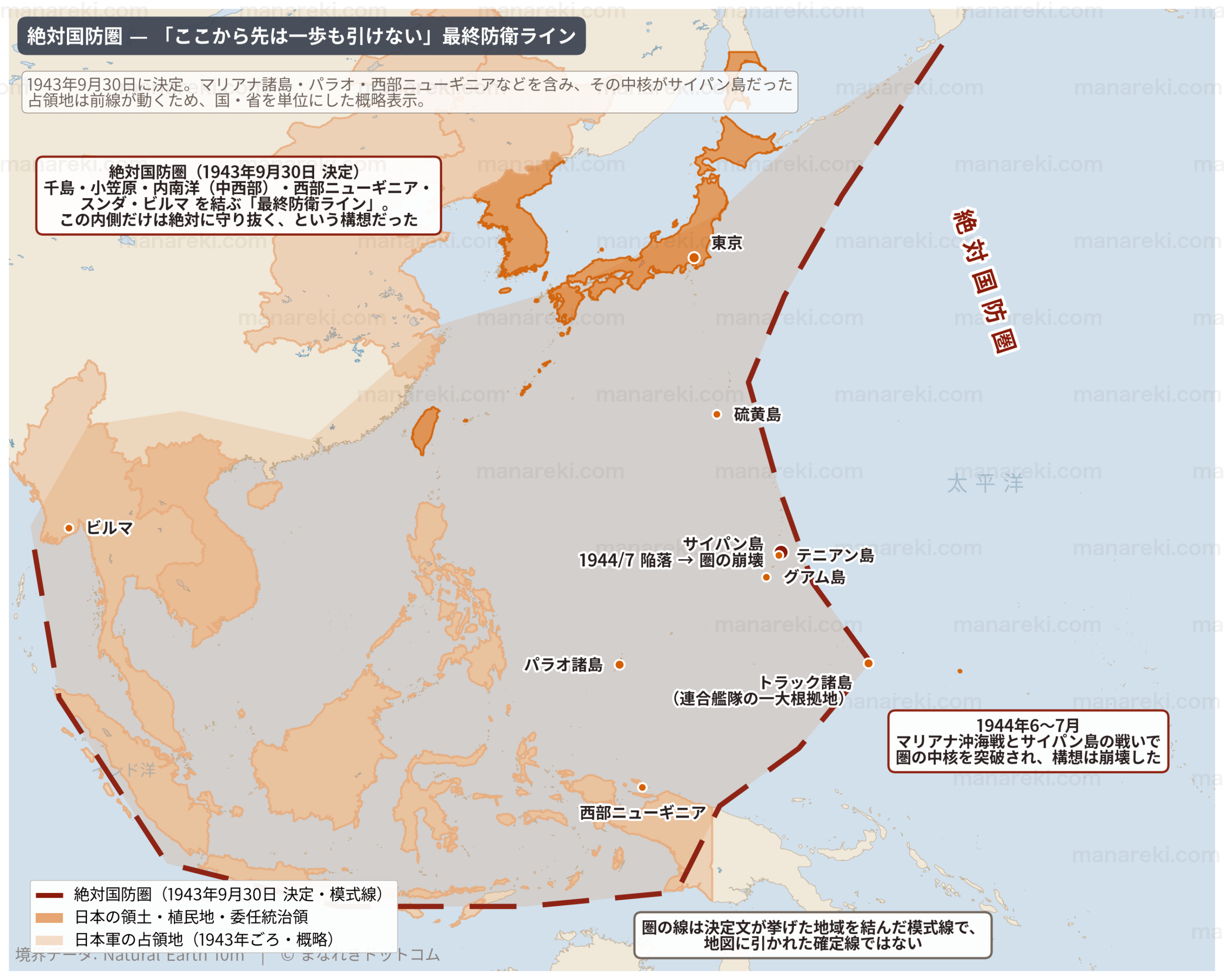 1943年9月30日に決定された絶対国防圏の範囲を示した地図。千島・小笠原・内南洋・西部ニューギニア・スンダ・ビルマを結ぶ線と、マリアナ諸島の位置を示している