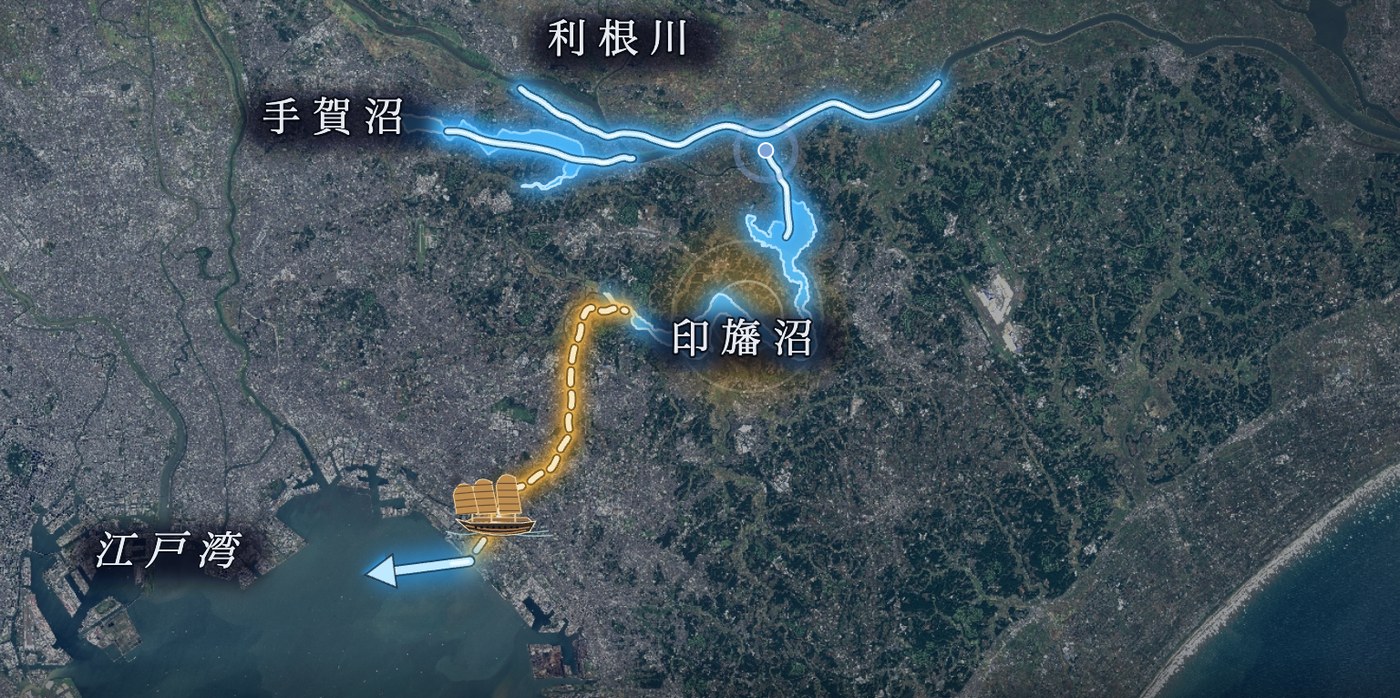 印旛沼の西の端から江戸湾へ向けて掘割の道すじを黄色の線で示した地図