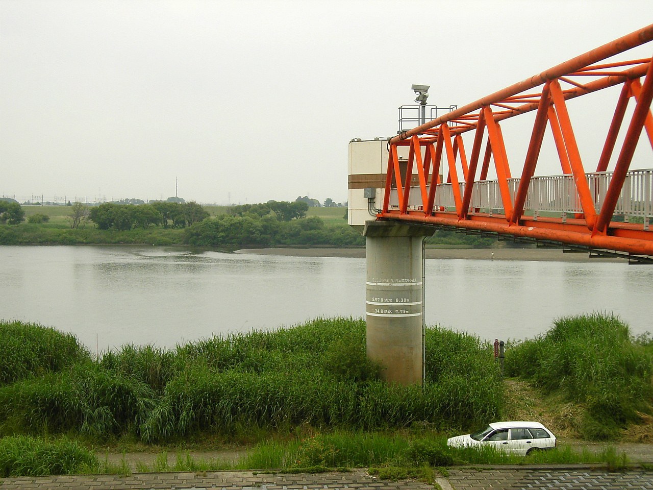 いまの利根川の流れと、川岸に立つ栗橋水位観測所のオレンジ色の橋