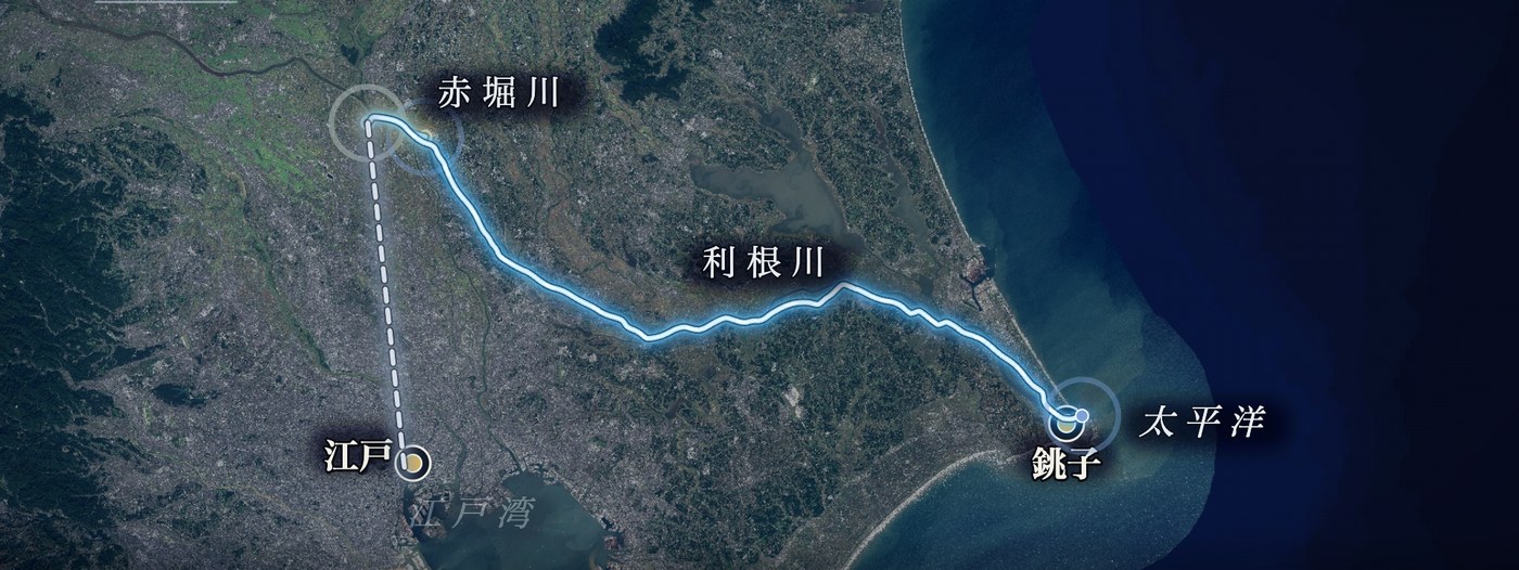 赤堀川から銚子へ流れる利根川と、それまで江戸湾へ向かっていた流れを点線で示した地図