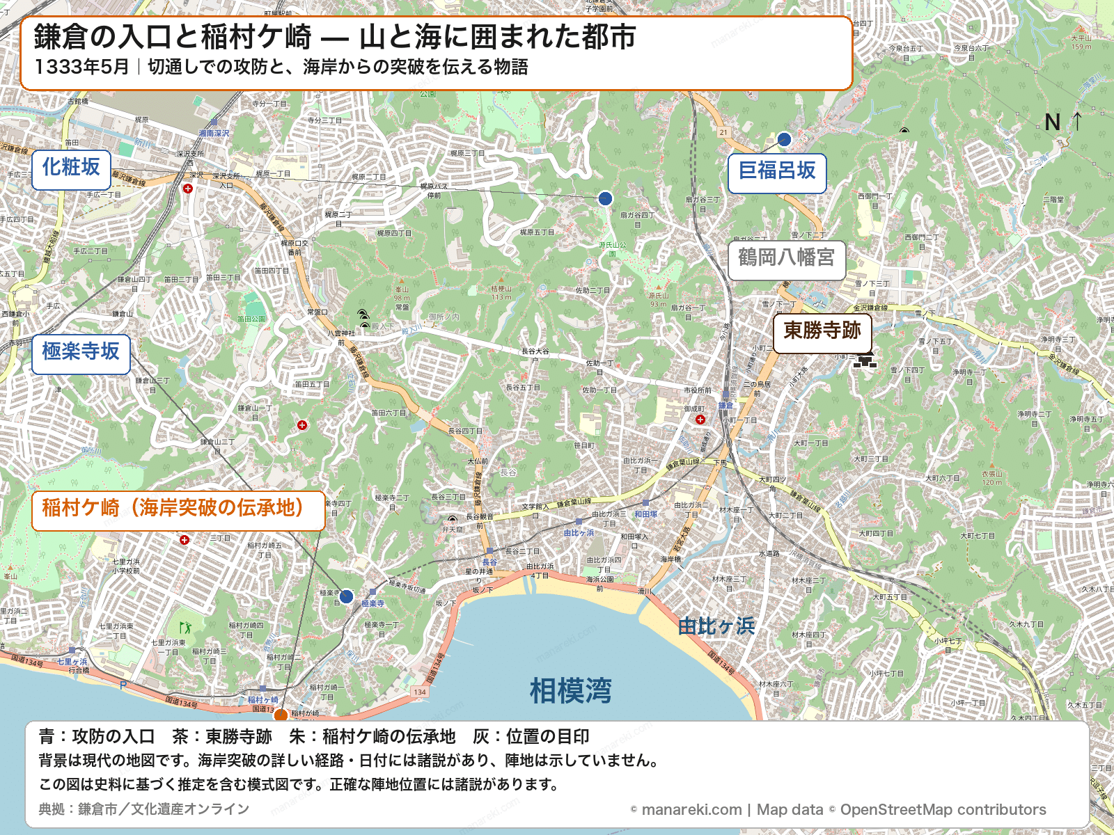 鎌倉の極楽寺坂、化粧坂、巨福呂坂と、稲村ケ崎の海岸突破伝承地、東勝寺跡の位置関係を示す地図